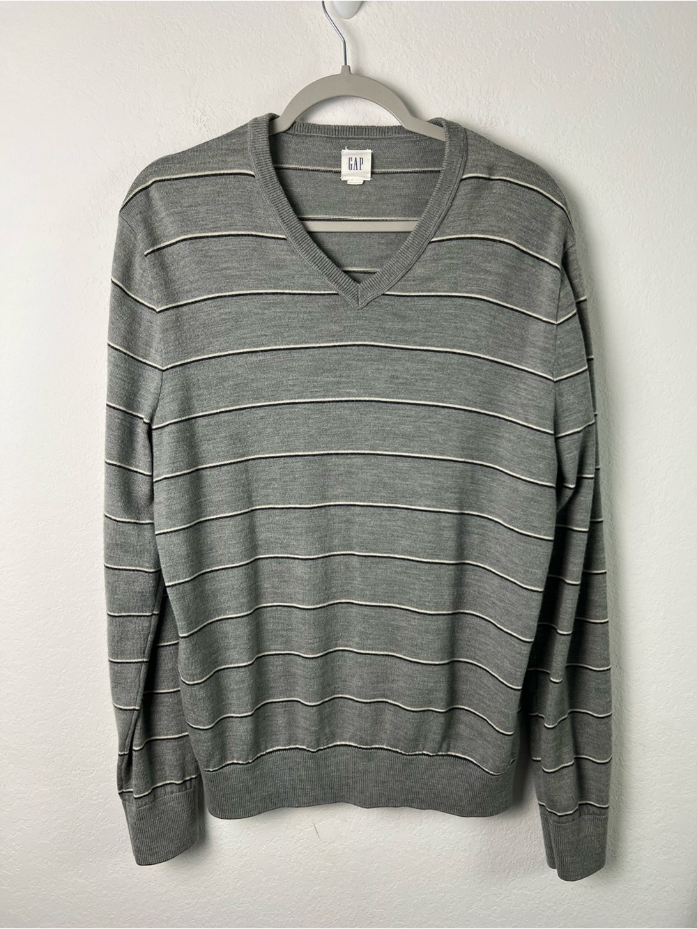 GAP Merino Extra Fine Wool Gray with Black & White Stripes Long Sleeve Sweater